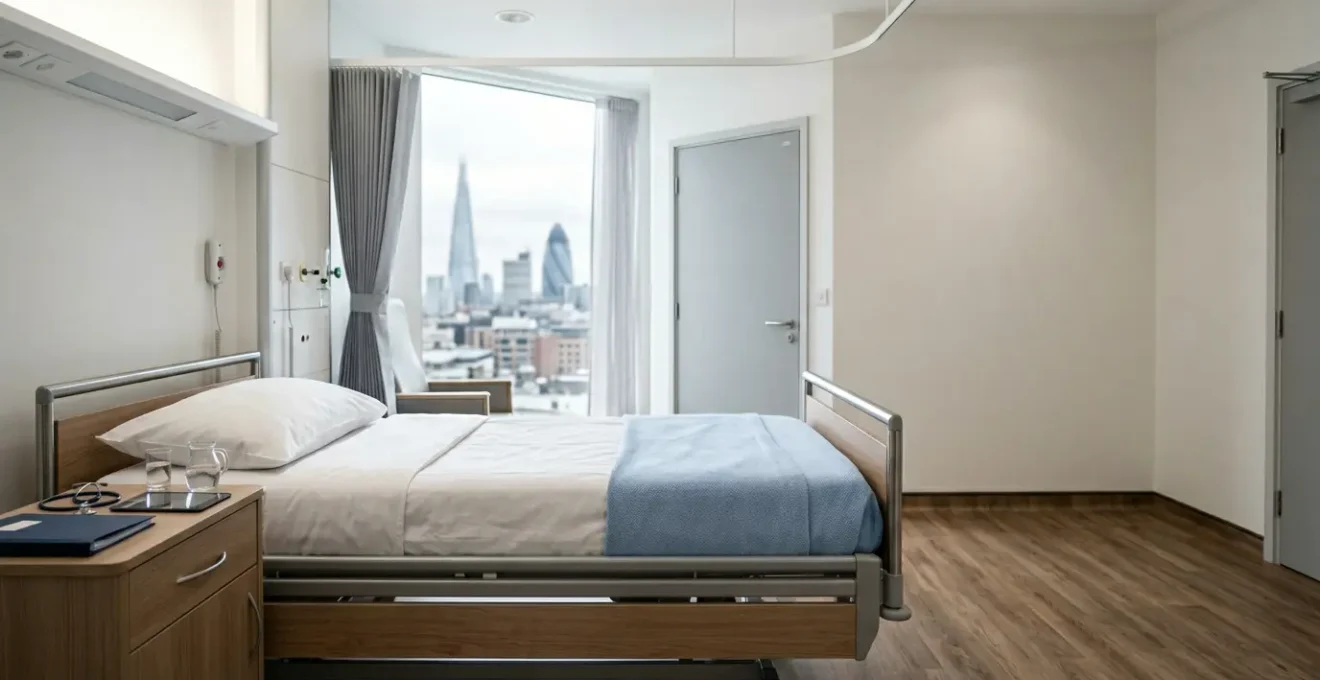 Private hospital room with medical documentation and insurance paperwork on bedside table