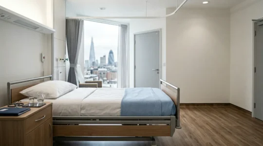 Private hospital room with medical documentation and insurance paperwork on bedside table