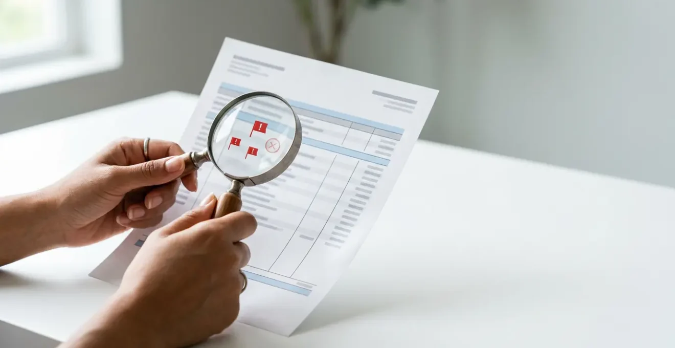 Professional photograph showing hands reviewing financial documents with a magnifying glass, emphasizing fraud detection and vigilance in personal banking security