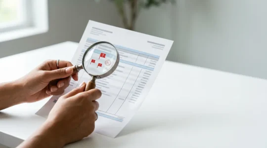 Professional photograph showing hands reviewing financial documents with a magnifying glass, emphasizing fraud detection and vigilance in personal banking security