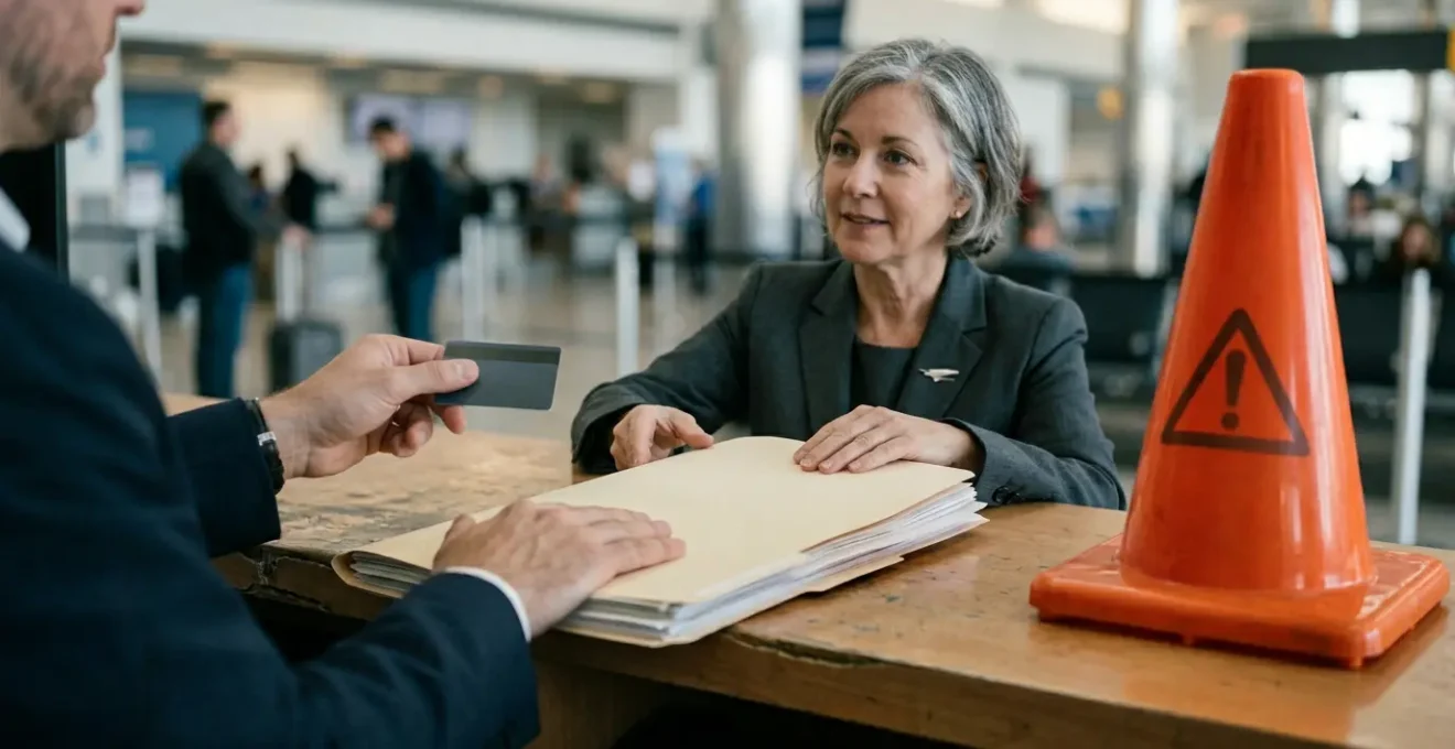 Rental car counter scene highlighting insurance pressure sales tactics
