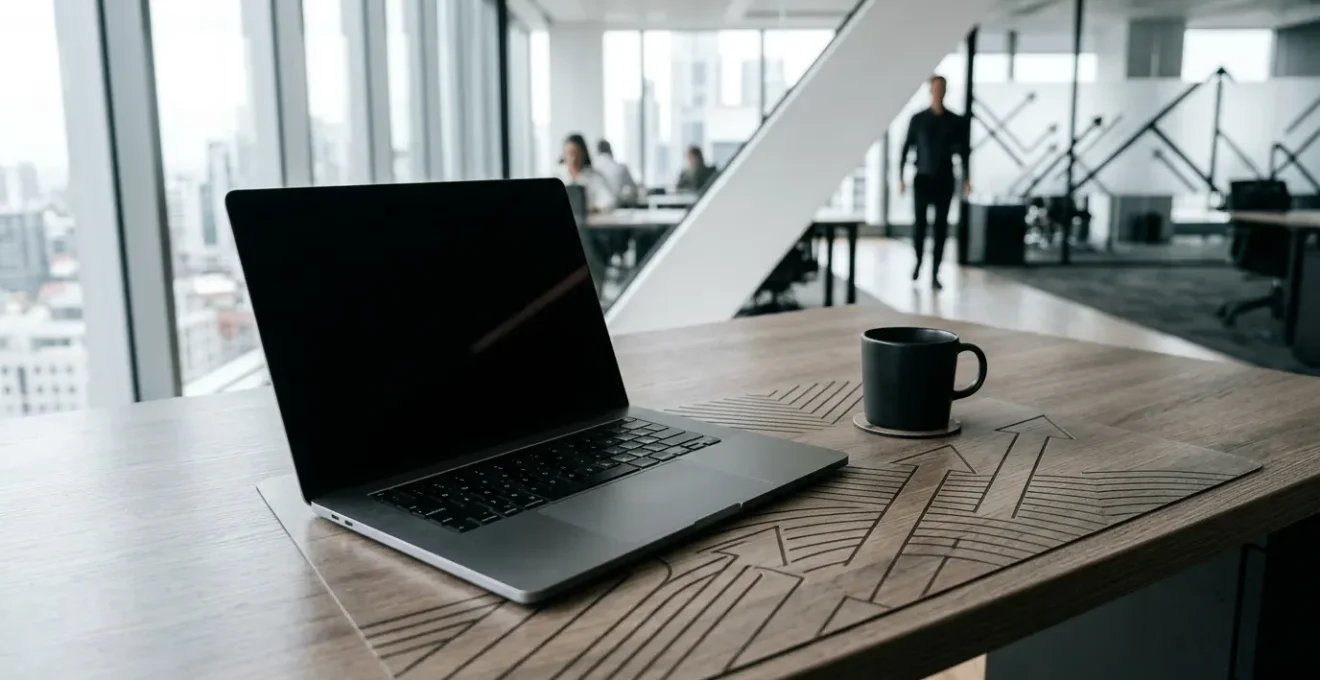 Business owner reviewing financial documents on modern desk with natural light, professional workspace setting