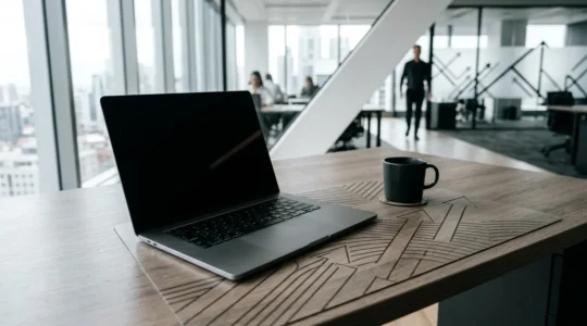Business owner reviewing financial documents on modern desk with natural light, professional workspace setting