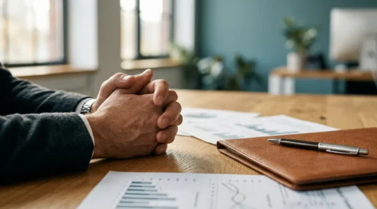 Professional meeting environment showing financial planning documents and strategic discussion for debt repayment negotiation