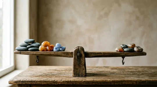 Professional editorial photograph showing balanced investment portfolio concept with tangible asset representation