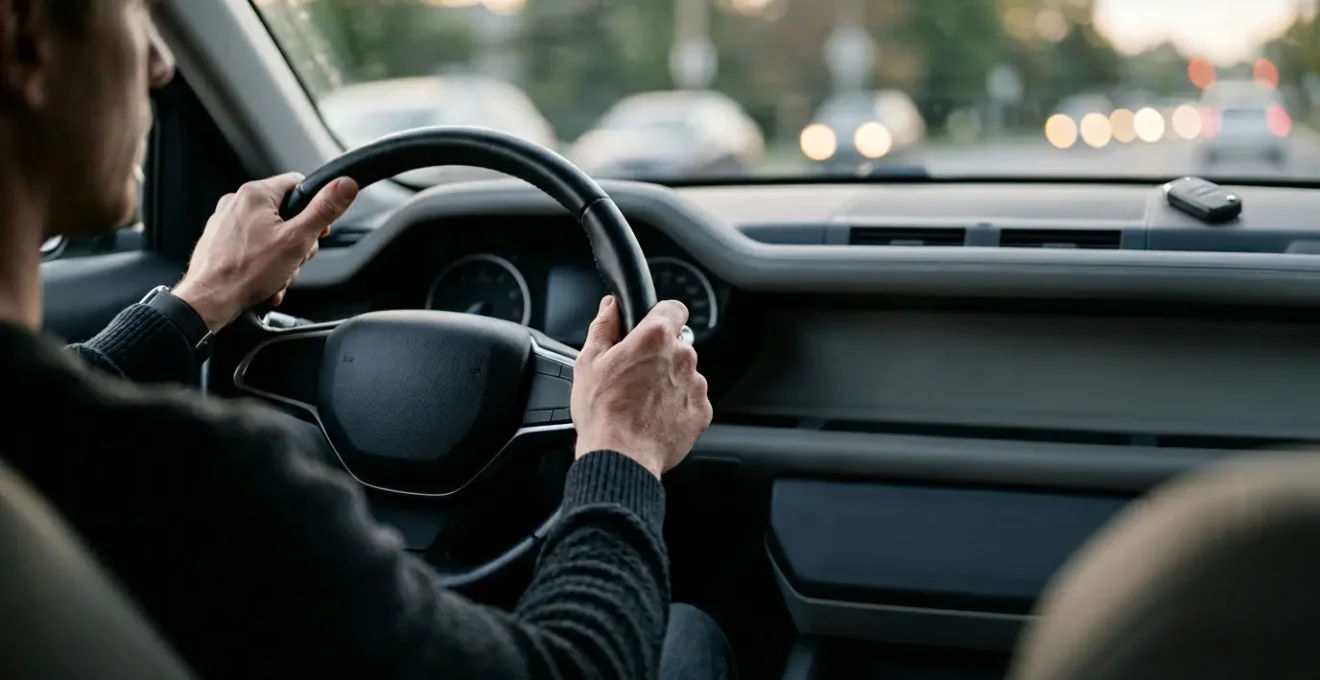Close-up of driver's hands on steering wheel with key fob in unfamiliar car interior, shallow depth of field emphasizing legal uncertainty
