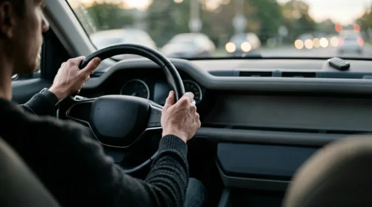 Close-up of driver's hands on steering wheel with key fob in unfamiliar car interior, shallow depth of field emphasizing legal uncertainty