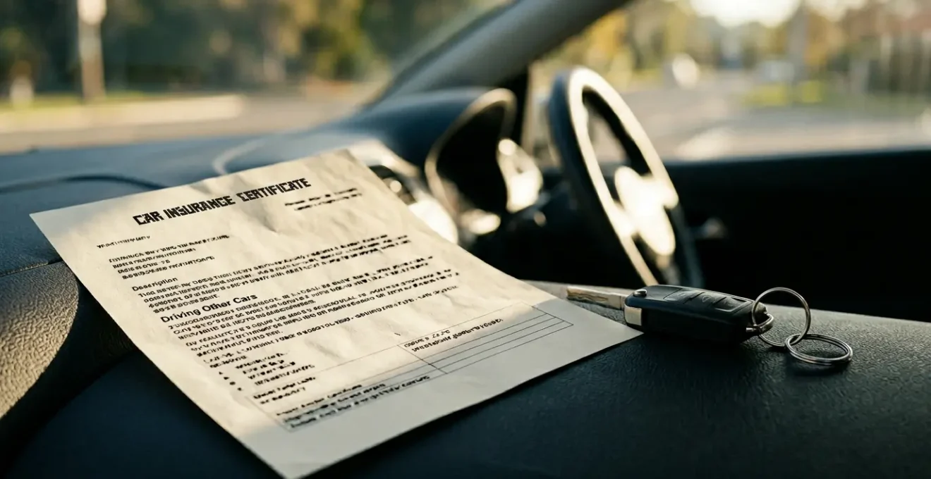 Close-up of car insurance certificate document on dashboard with car keys, dramatic natural lighting showing policy exclusions