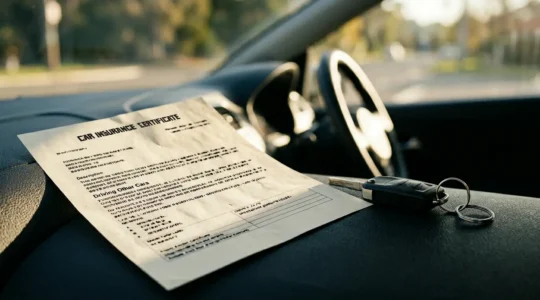 Close-up of car insurance certificate document on dashboard with car keys, dramatic natural lighting showing policy exclusions