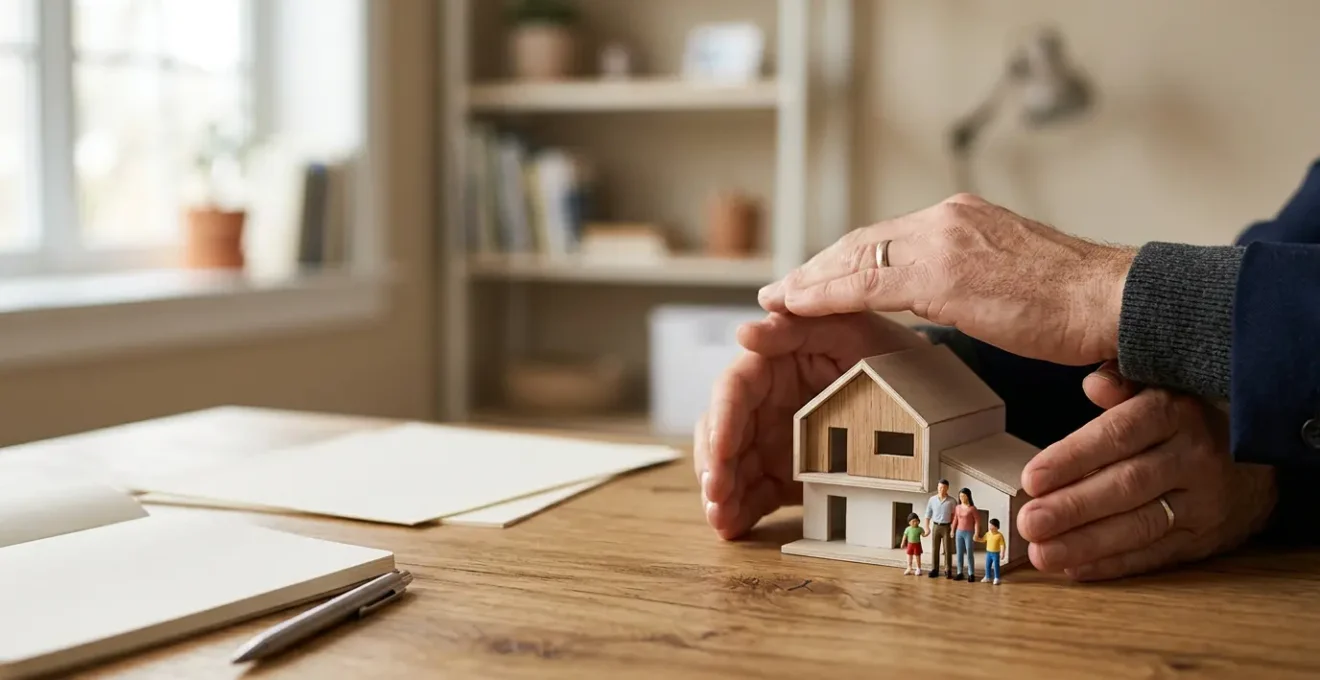 Family financial planning documents and protective hands symbolizing death benefit security