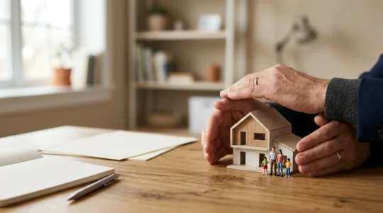 Family financial planning documents and protective hands symbolizing death benefit security