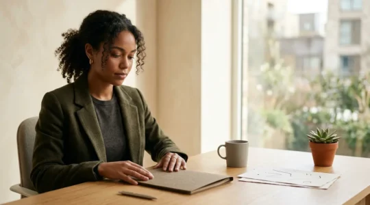 A person reviewing credit documents with focused determination in natural light