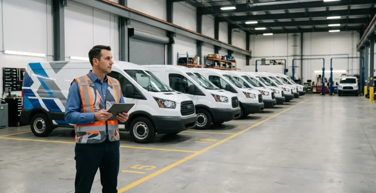 Professional fleet manager reviewing vehicle documentation in modern commercial garage with branded delivery vans