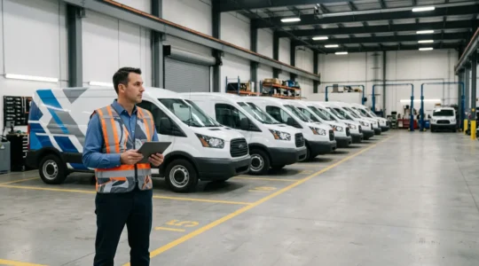 Professional fleet manager reviewing vehicle documentation in modern commercial garage with branded delivery vans