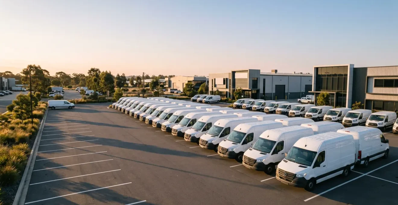 Commercial fleet vehicles with protective security technology representing business asset protection