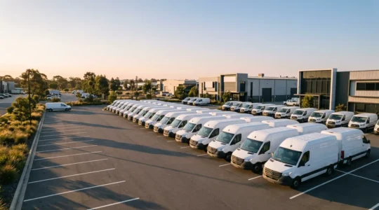 Commercial fleet vehicles with protective security technology representing business asset protection