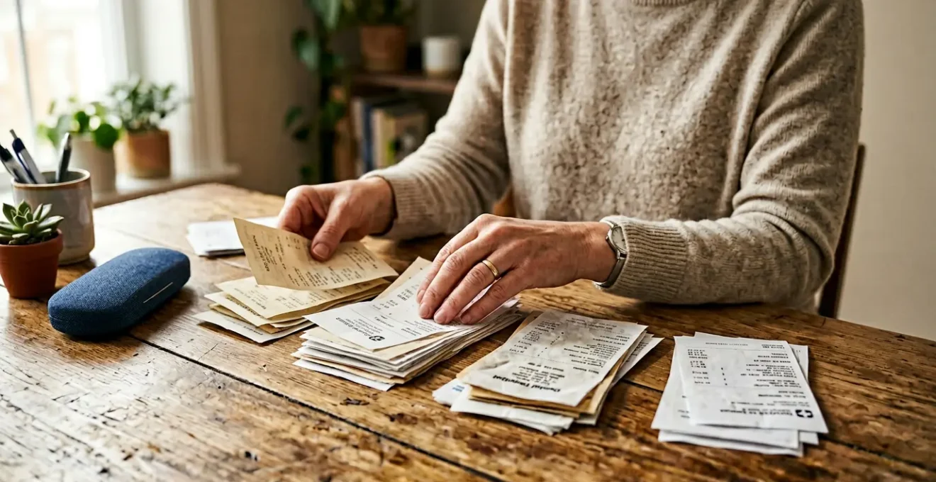 Person reviewing healthcare receipts and optical prescription alongside wellness items in natural daylight setting