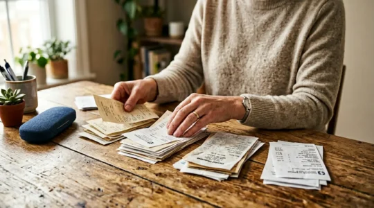 Person reviewing healthcare receipts and optical prescription alongside wellness items in natural daylight setting