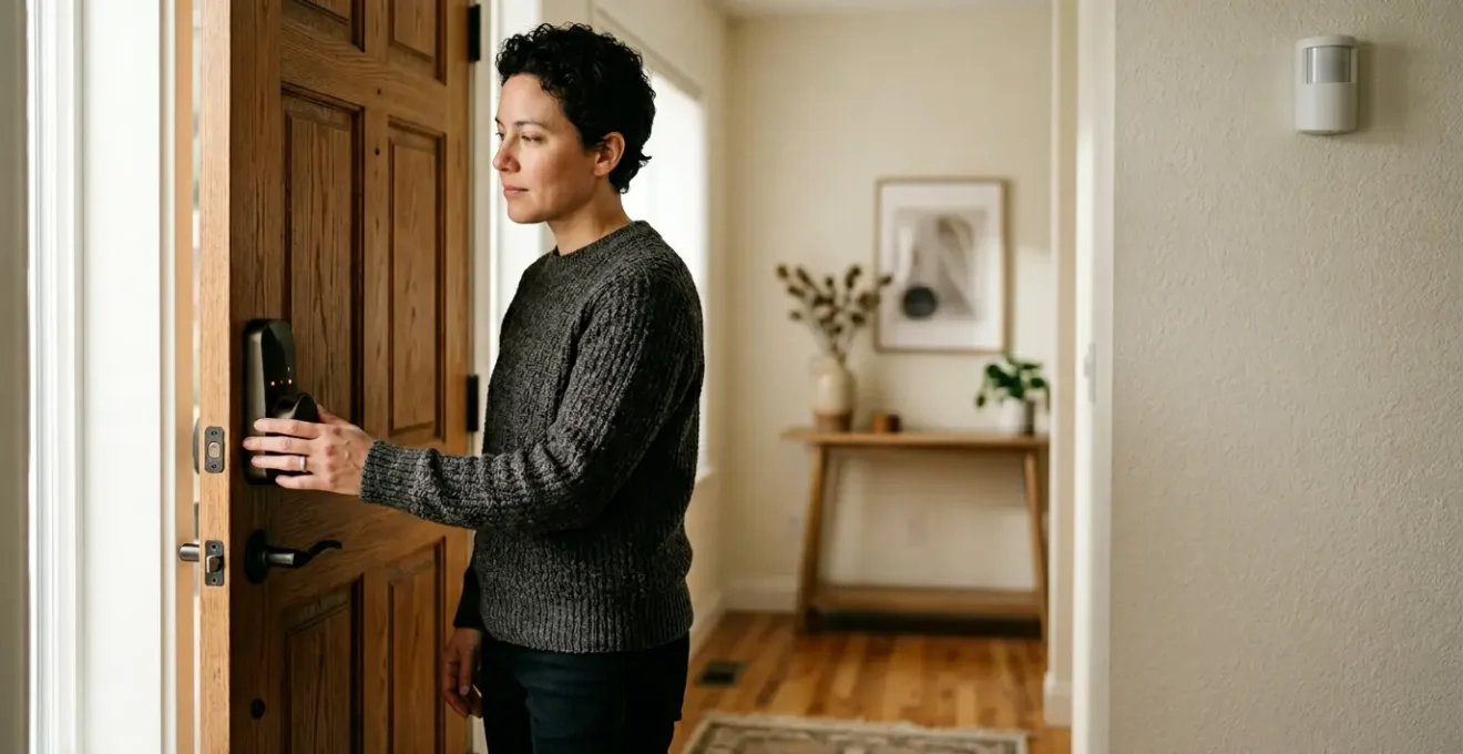 A homeowner reviewing home security measures and feeling reassured after experiencing a break-in