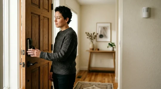 A homeowner reviewing home security measures and feeling reassured after experiencing a break-in