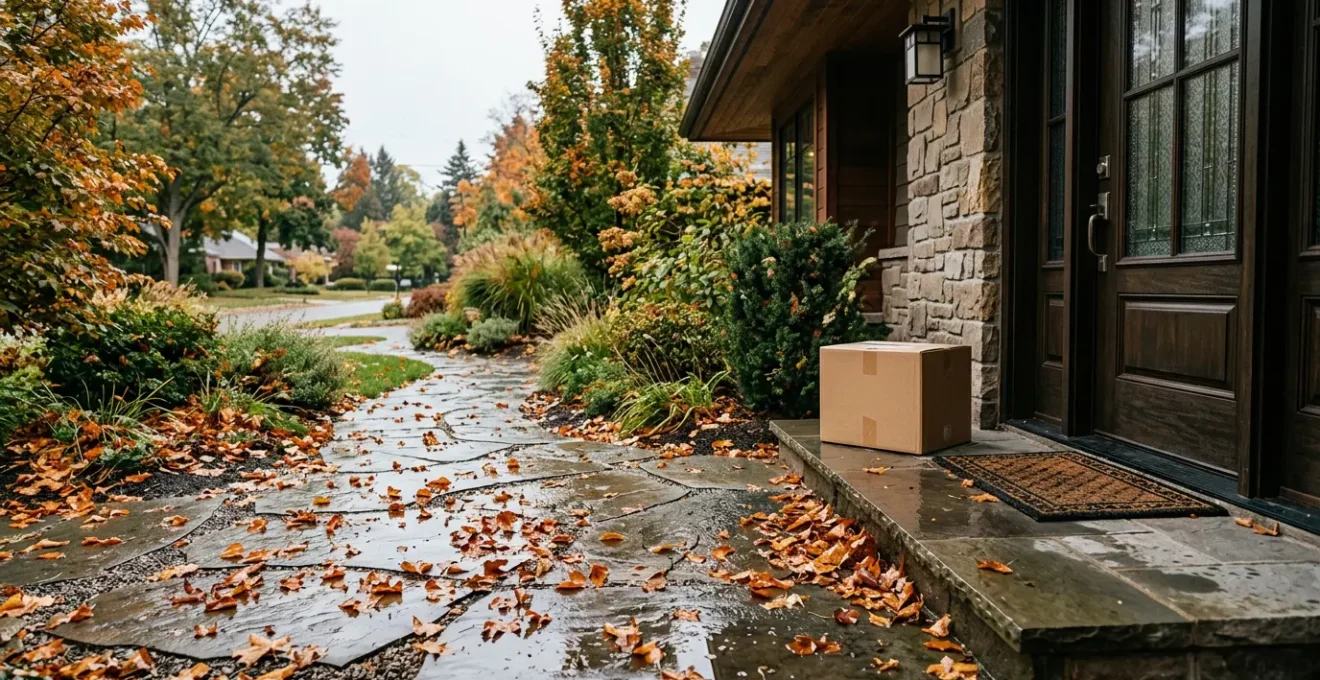Homeowner liability scenario depicting a delivery driver on a residential property entrance pathway