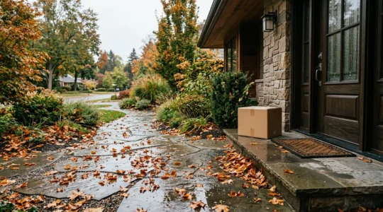 Homeowner liability scenario depicting a delivery driver on a residential property entrance pathway