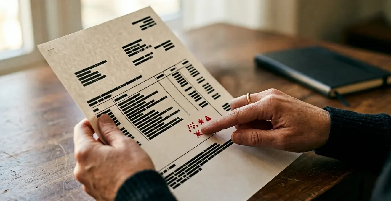 Close-up view of hands analyzing financial documents with subtle warning signs indicating fraudulent activity