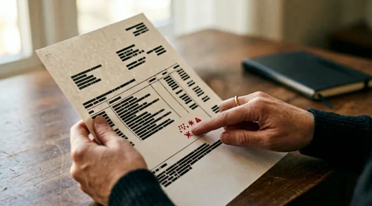 Close-up view of hands analyzing financial documents with subtle warning signs indicating fraudulent activity