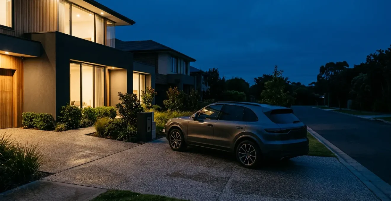 Modern vehicle in driveway at dusk illustrating keyless car theft vulnerability and insurance concerns