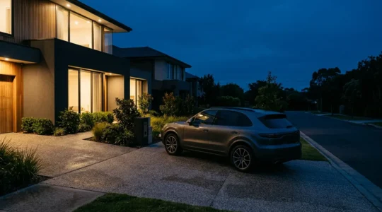 Modern vehicle in driveway at dusk illustrating keyless car theft vulnerability and insurance concerns
