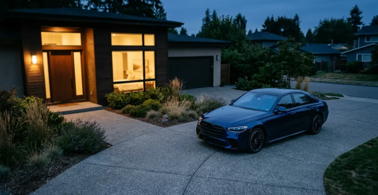 Modern keyless entry car parked at dusk with invisible radio signal waves concept and security threat visualization
