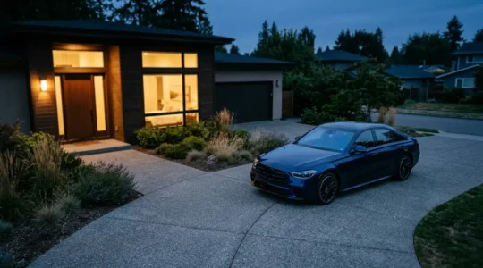 Modern keyless entry car parked at dusk with invisible radio signal waves concept and security threat visualization