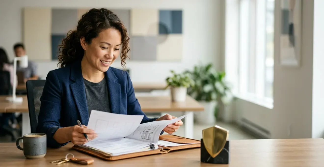 Professional landlord reviewing property documents with insurance policy visible, natural office lighting creates focused atmosphere while subtle financial charts suggest risk assessment