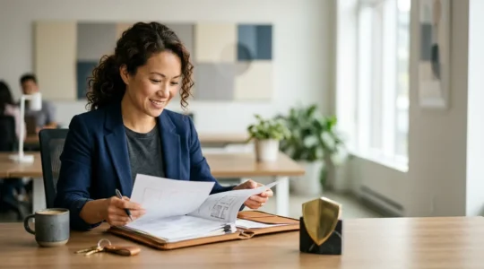 Professional landlord reviewing property documents with insurance policy visible, natural office lighting creates focused atmosphere while subtle financial charts suggest risk assessment