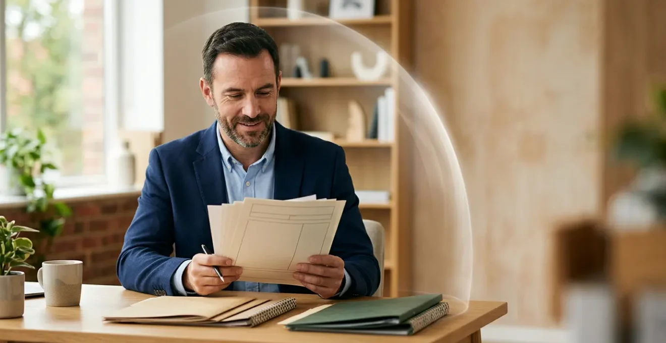 Professional landlord reviewing tenant documents with protective insurance shield concept in modern office setting