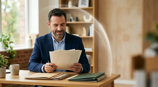 Professional landlord reviewing tenant documents with protective insurance shield concept in modern office setting