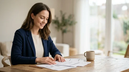 Professional young homebuyer reviewing mortgage documents with hopeful expression in modern minimalist setting