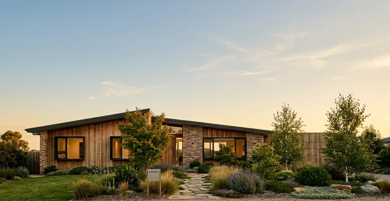 Modern family home exterior with natural architectural details symbolizing mortgage protection and financial security choices