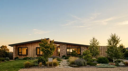 Modern family home exterior with natural architectural details symbolizing mortgage protection and financial security choices