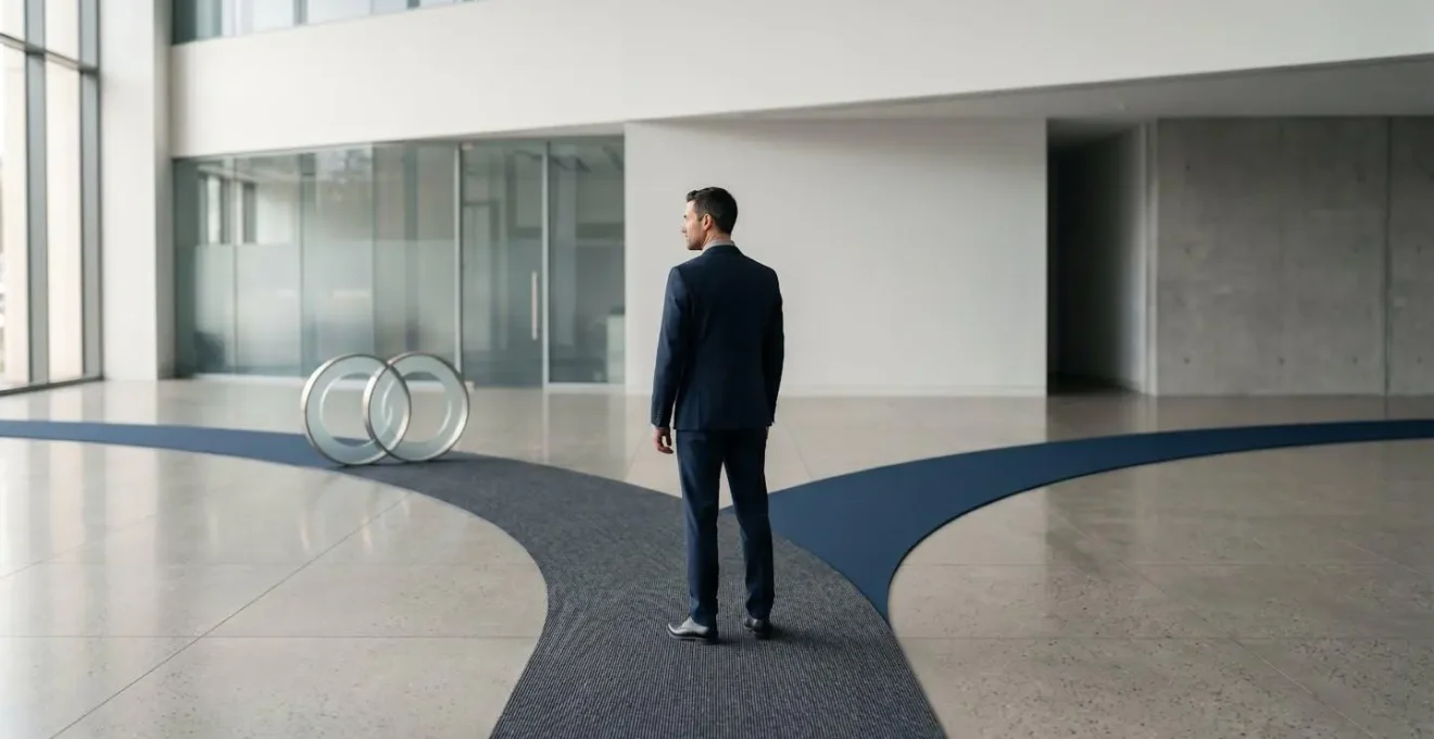 Person standing at decision crossroads contemplating insurance options