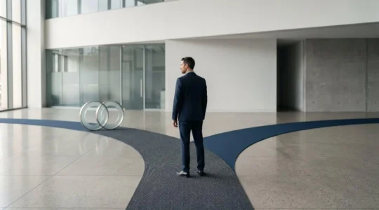 Person standing at decision crossroads contemplating insurance options