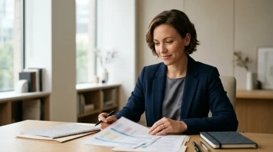 Professional discussing debt strategy with calm determination in modern office environment