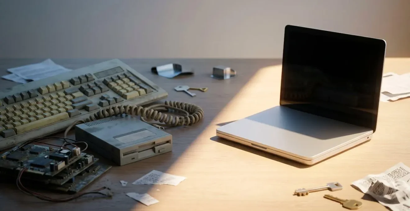 Visual metaphor contrasting insurance coverage types with modern technology devices in editorial photography style