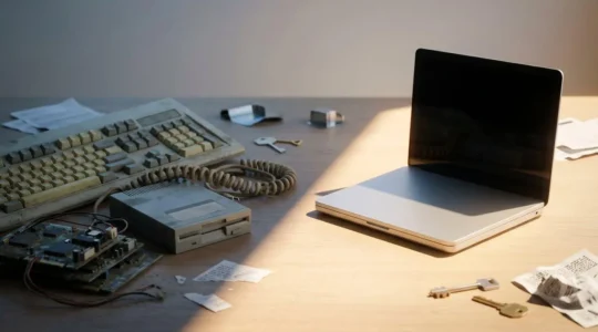 Visual metaphor contrasting insurance coverage types with modern technology devices in editorial photography style