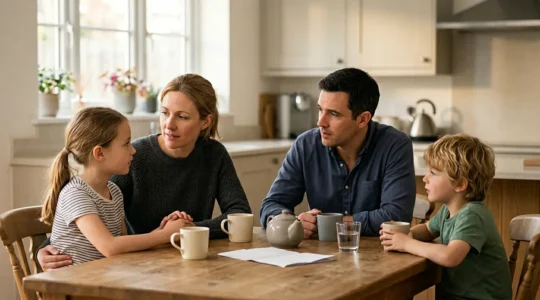 A family considering healthcare choices between public and private medical insurance options in the UK