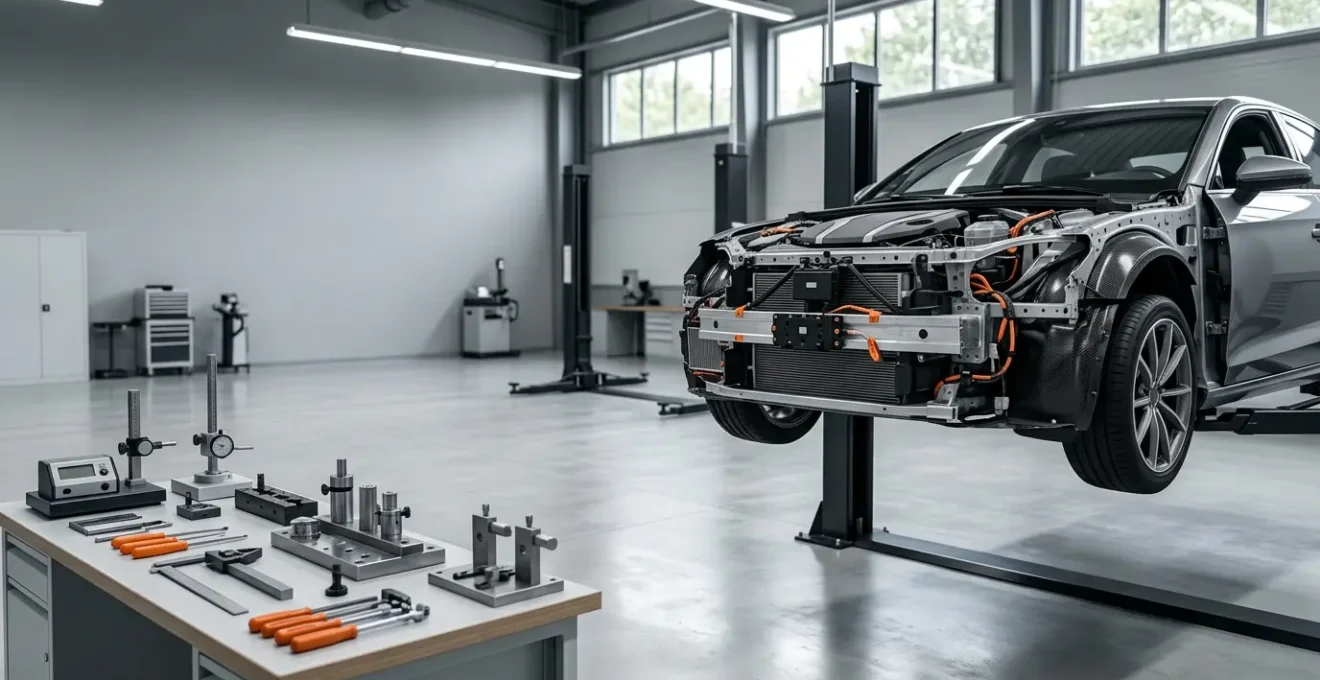 Professional automotive repair scenario showcasing quality assurance and safety standards in collision repair