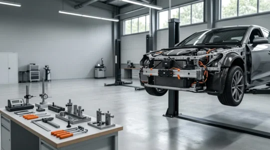 Professional automotive repair scenario showcasing quality assurance and safety standards in collision repair