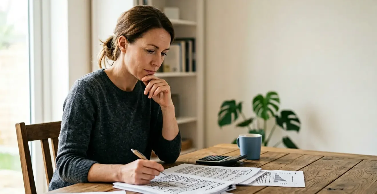 Person carefully weighing healthcare coverage decisions with medical documents and calculator in natural light