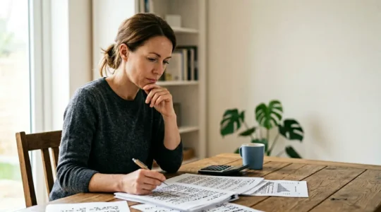 Person carefully weighing healthcare coverage decisions with medical documents and calculator in natural light