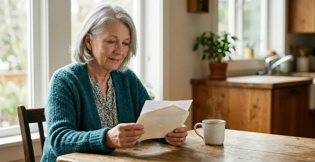 A thoughtful senior reviewing financial documents at a kitchen table with natural window light highlighting the contemplative moment of checking benefit eligibility